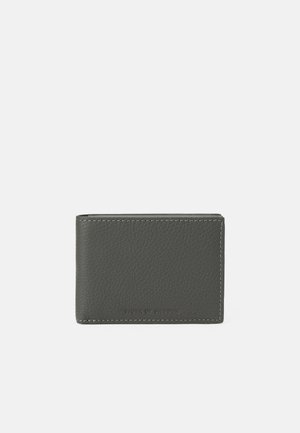 Dark gray textured leather bifold wallet with fine stitching and subtle embossed "Tiger of Sweden" logo on front.