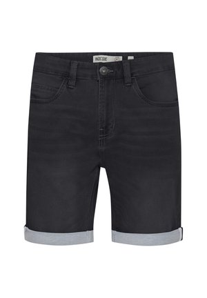 Sorte denim shorts med rullede lyseblå opkrav, fem lommer og en sølvknapdetalje ved taljen. Glat tekstur og afslappet design.