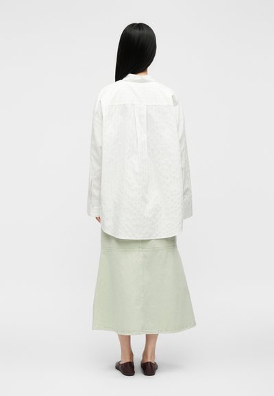 Personne aux longs cheveux noirs porte une chemise blanche ample à manches longues, une jupe midi vert clair et des chaussures plates marron foncé, de dos sur fond gris.
