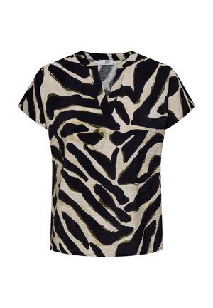T-shirt à manches courtes en beige avec de larges rayures zèbre noires et vertes. Dispose d'un décolleté en V et d'une coupe décontractée. Tissu texturé.