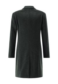 Dunkelgrauer langer Wollmantel mit geradem Schnitt, langen Ärmeln und kleinem Kragen, von hinten auf weißem Hintergrund gezeigt.