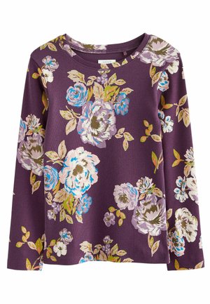 Fioletowa, długorękawowa, prążkowana koszula z dużym kwiatowym wzorem w odcieniach niebieskiego, białego, różowego oraz zielonych liści.