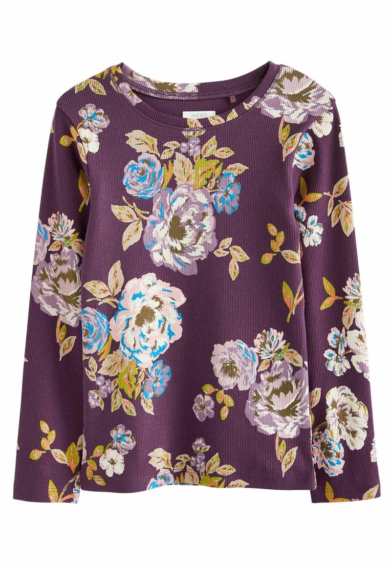 Chemise violette à manches longues en côte avec un grand imprimé floral aux nuances de bleu, blanc, rose et feuilles vertes.