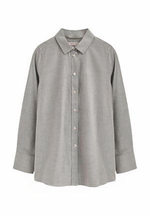 Hellgraues, langärmliges Hemd mit Knöpfen und Kragen, aus weichem Stoff; verfügt über gleichmäßig verteile Knöpfe an der Vorderseite.