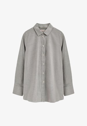 Hellgraues, langärmliges Hemd mit Knöpfen und Kragen, aus weichem Stoff; verfügt über gleichmäßig verteile Knöpfe an der Vorderseite.