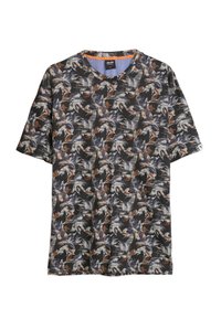 Zwart T-shirt met korte mouwen, voorzien van een kleurrijk abstract bladpatroon in blauw, wit en roesttinten, met een ronde halslijn en lichtgewicht stof.
