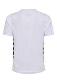 Vit idrottströja med korta ärmar, med svarta randiga detaljer längs sidorna. Tillverkad av lätt, andningsbart material.