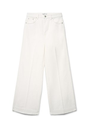 Pantaloni bianchi a gamba larga con vita alta, tasche frontali, passanti per cintura, chiusura con bottone e cerniera, mostrati su sfondo bianco.