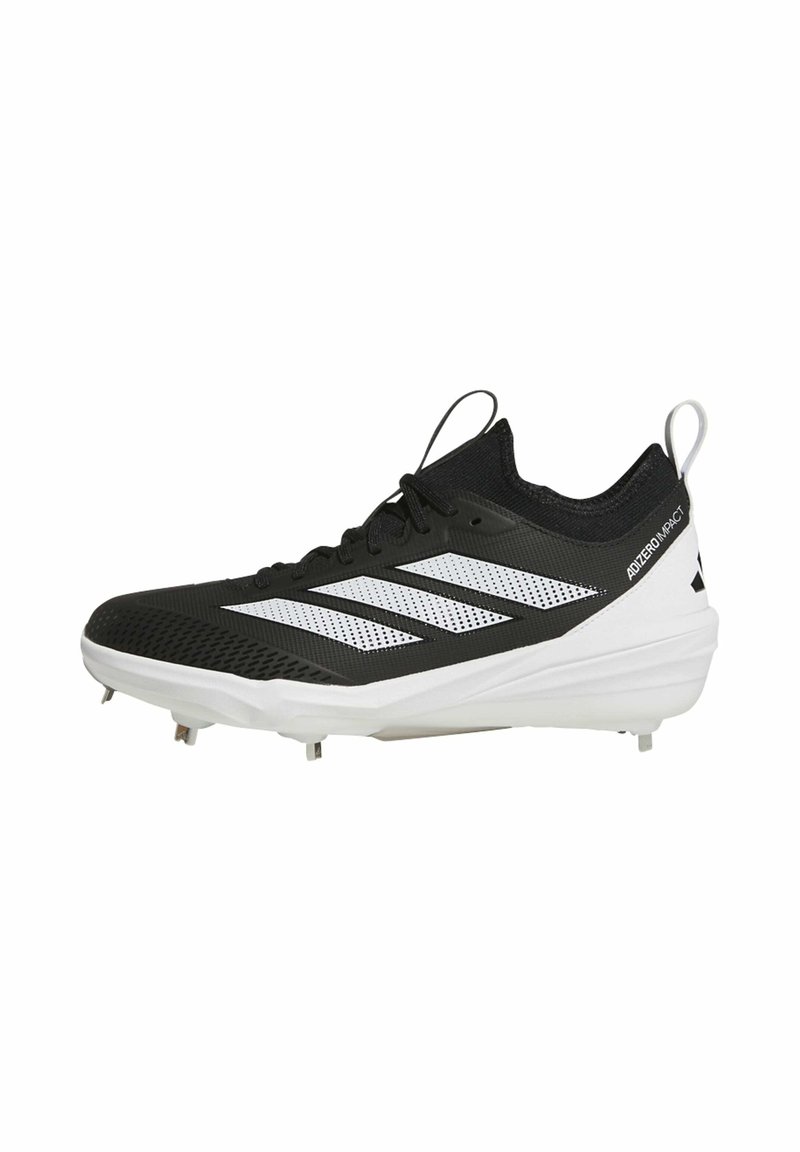 Black and white athletic shoes with a mesh upper, featuring three white stripes, a cushioned sole, and metal spikes for traction.