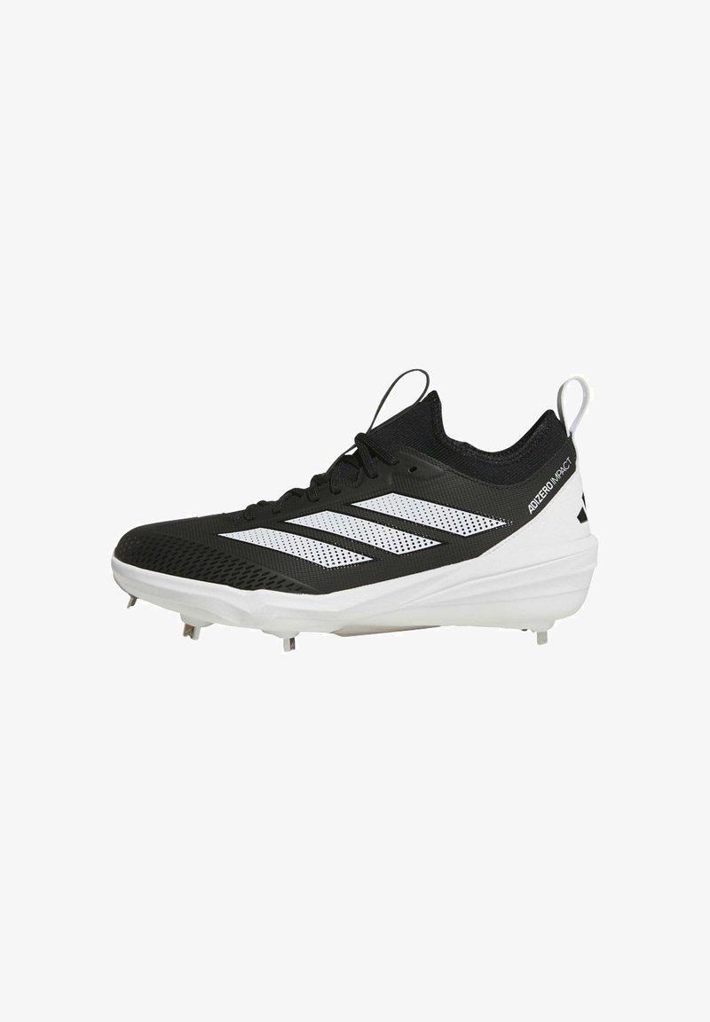 Black and white athletic shoes with a mesh upper, featuring three white stripes, a cushioned sole, and metal spikes for traction.