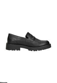 Zwarte leren loafers met een ronde neus, decoratieve band en chunky profielzool. Gladde textuur met een minimalistisch ontwerp.