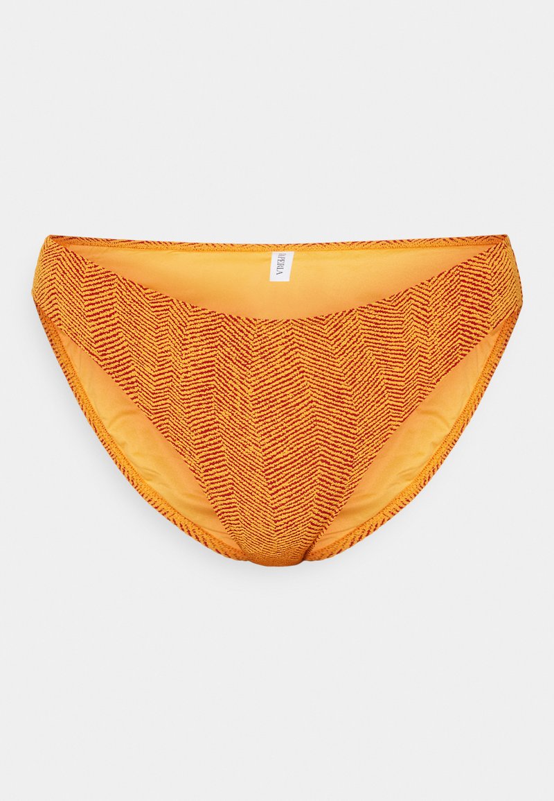 Orangene Bikini-Hose mit einem strukturierten Fischgrätmuster. Bietet einen tief sitzenden Schnitt und nahtlose Verarbeitung für zusätzlichen Komfort.