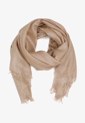 Sciarpa dorata metallica, in tessuto leggero con una texture morbida, bordi frangiati e un design fluido e morbido, adatta a vari stili.