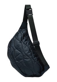 Black, quilted shoulder bag with a soft texture, curved shape, and an adjustable strap featuring a plastic buckle.
