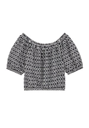 Haut court à épaules dénudées noir et blanc à motifs, avec manches courtes bouffantes et encolure ainsi qu'ourlet élastiqués.