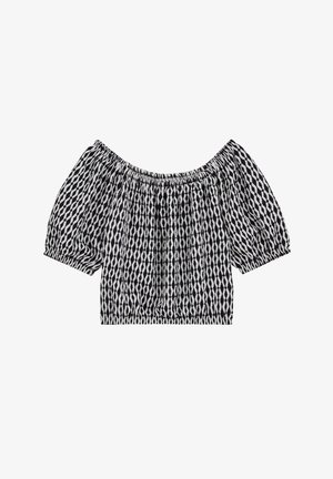 Haut court à épaules dénudées noir et blanc à motifs, avec manches courtes bouffantes et encolure ainsi qu'ourlet élastiqués.