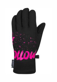 Schwarzer Winterhandschuh mit buntem pinken Spritzmuster. Verfügt über separate Fingerfächer und einen verstellbaren Riemen für einen sicheren Sitz.
