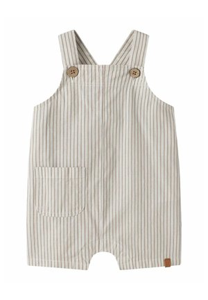 Beige and white striped baby romper with two wooden buttons on straps and a small pocket on the left side.