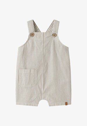 Beeži ja valge triibuline beebiriietus kahe puidust nupuga rihmadel ning väikese taskuga vasakul küljel.