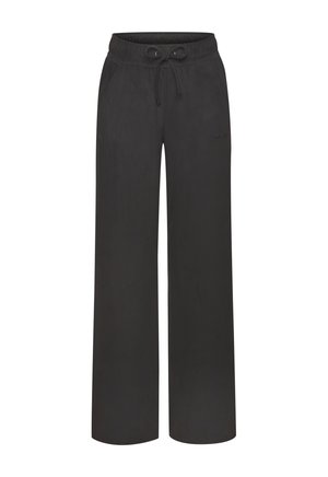 Black wide-leg pants made from soft fabric. Features a drawstring waistband with metal eyelets and subtle branding on the side.