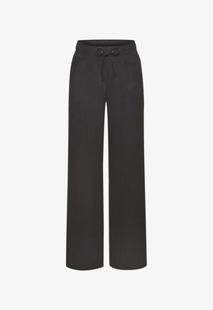 Black wide-leg pants made from soft fabric. Features a drawstring waistband with metal eyelets and subtle branding on the side.