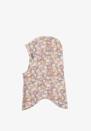 Polarowy kaptur wykończony kwiatowym motywem, z wycięciem na twarz, w pastelowych kolorach i miękkiej teksturze. Lekki i dopasowany design.