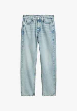 Jeans in denim azzurro chiaro con una vestibilità comoda, vita alta, cinque tasche e cuciture in contrasto. Design pulito con pochi elementi hardware.