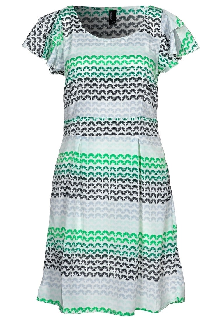 Lyhythihainen mekko kevyestä kankaasta, jossa on vihreiden, mustien ja harmaiden chevron- kuvioiden malli valkoisella taustalla. Kellotettu hameosa.