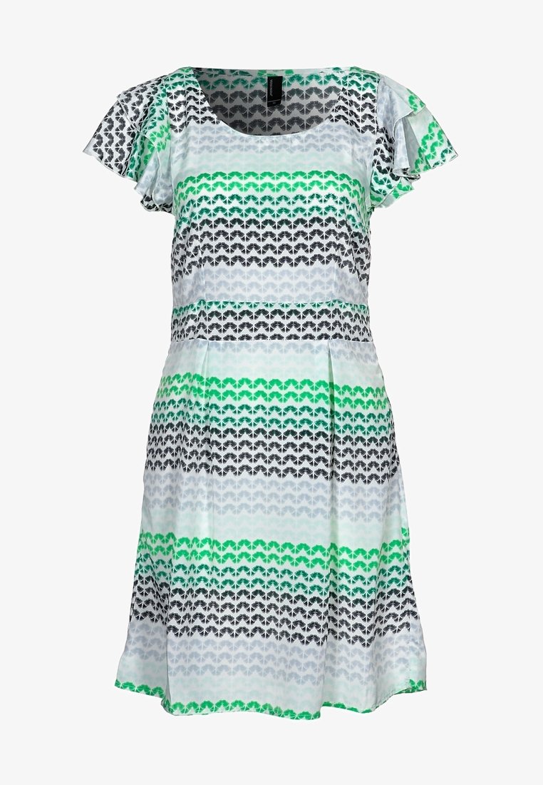 Lyhythihainen mekko kevyestä kankaasta, jossa on vihreiden, mustien ja harmaiden chevron- kuvioiden malli valkoisella taustalla. Kellotettu hameosa.