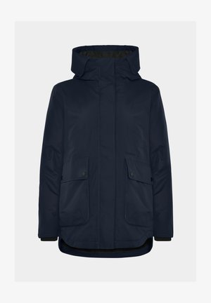 Veste isolée bleu marine avec capuche, comportant deux poches avant, fermetures à pression et tissu texturé avec une finition lisse.