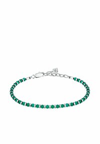 Bracciale in perline con alternanza di perline verdi e argento, dotato di chiusura e catena di estensione per la regolazione della misura.