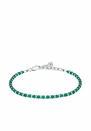 Bracciale in perline con alternanza di perline verdi e argento, dotato di chiusura e catena di estensione per la regolazione della misura.