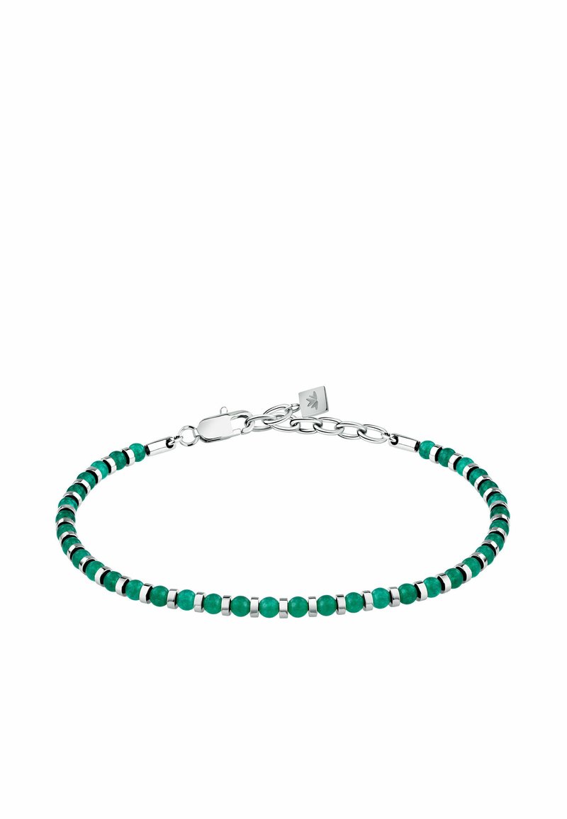 Bracciale in perline con alternanza di perline verdi e argento, dotato di chiusura e catena di estensione per la regolazione della misura.