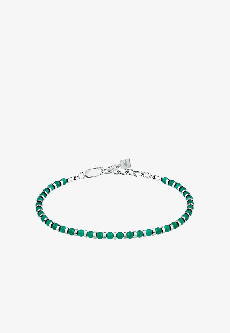 Bracciale in perline con alternanza di perline verdi e argento, dotato di chiusura e catena di estensione per la regolazione della misura.