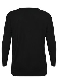 Schwarzer Strickpullover mit lockerer Passform, langen Ärmeln und rundem Ausschnitt. Der Stoff scheint weich mit einer glatten Textur zu sein.