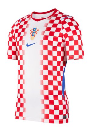Narodowa koszulka piłkarska Chorwacji z czerwono-białym wzorem w kratę, logo HNS i niebieskim symbolem Nike na przodzie, niebieskie boczne panele.