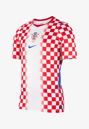 Narodowa koszulka piłkarska Chorwacji z czerwono-białym wzorem w kratę, logo HNS i niebieskim symbolem Nike na przodzie, niebieskie boczne panele.