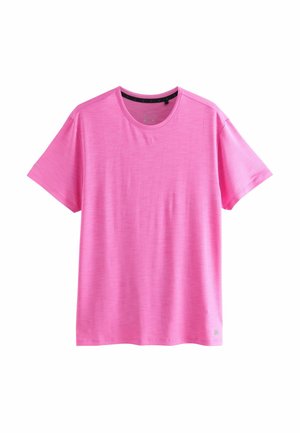 Lyserød kortærmet T-shirt lavet af letvægtigt stof med ensartet tekstur og rund hals. Den har diskret branding på kanten.