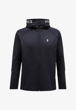 Schwarze Zip-Jacke mit Kapuze, die weißen "PEACE"-Text am Kragen, zwei Seitentaschen und ein Logo auf der Brust aufweist. Glatte Stoffoberfläche.