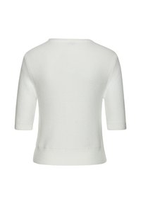 Weißer Strickpullover mit kurzen Ärmeln, rundem Halsausschnitt und gerippten Bündchen und Saum. Weiche Textur und taillierte Silhouette.