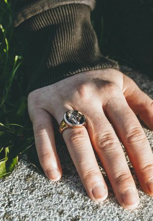 Gold ring with a round black stone featuring a star design, worn on a hand with light skin. Background includes grass and textured stone.
