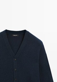 Marinblå randig kofta med V-ringning, fem svarta knappar och en etikett märkt "Massimo Dutti." Ger textur och en strukturerad design.