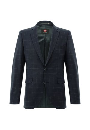 Dark blue men's blazer with light grid pattern, notch lapels, two buttons, front flap pockets, and inner satin lining.