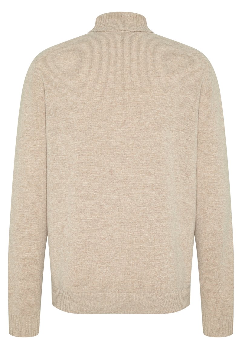 Maglione beige con collo alto, texture a coste e maniche lunghe. Il tessuto sembra morbido e leggermente melangiato, offrendo un aspetto accogliente.