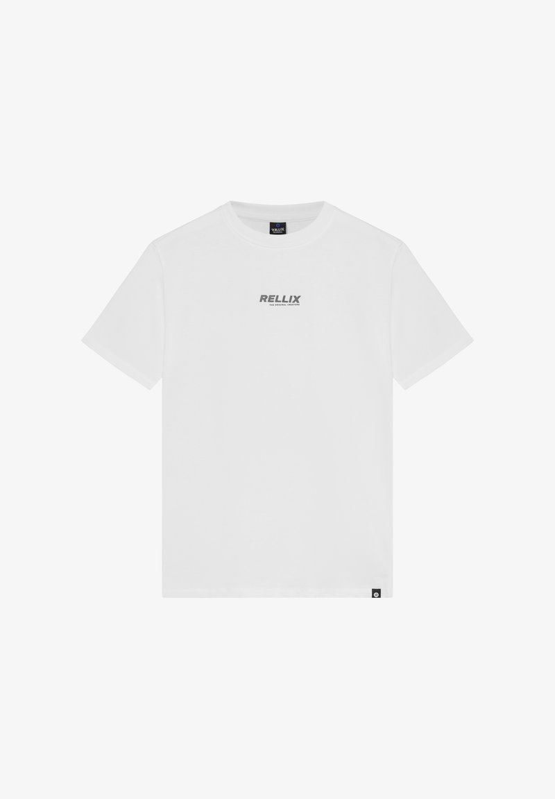 Wit katoenen T-shirt met ronde hals, korte mouwen en een zilver gedrukt logo "RELLIX" op de borst. Kleine logootje aan de zijkant.