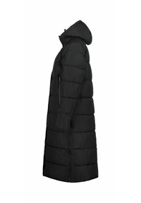 Abrigo acolchado negro con capucha, con diseño de acolchado, cierre de cremallera y silueta larga. Textura suave con una capa exterior lisa.