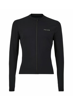 Veste de sport noire à manches longues avec un col haut, fermeture éclair à l'avant et panneaux latéraux en maille ; arbore un logo sur la zone du côté gauche de la poitrine.