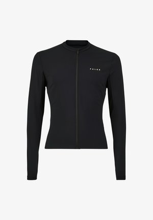 Veste de sport noire à manches longues avec un col haut, fermeture éclair à l'avant et panneaux latéraux en maille ; arbore un logo sur la zone du côté gauche de la poitrine.