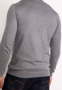Pull en tricot gris à manches longues avec un ourlet côtelé, présentant une texture douce et une coupe ajustée. Vue de dos.