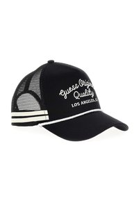 Schwarze Baseballmütze mit Netzseiten, mit weißem gesticktem Logo "Guess Original Quality" und einem weißen gestreiften Akzent mit Rope-Detail.
